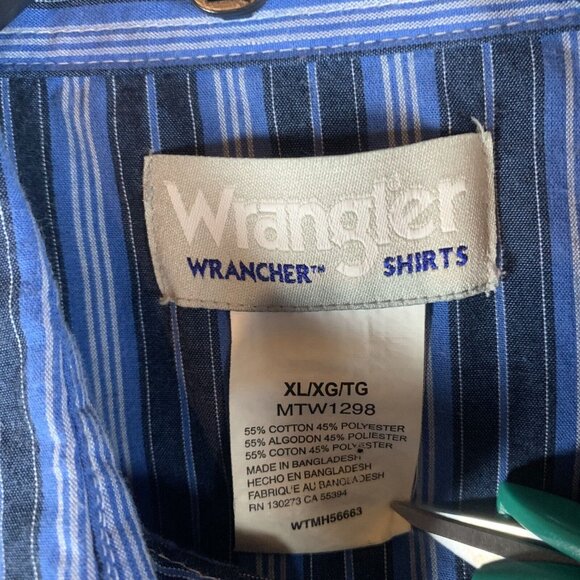 Wrangler Wrancher Shirt Men XL Blue White Striped Cotton Pockets Pearl Snap 9713 - Picture 2 of 7